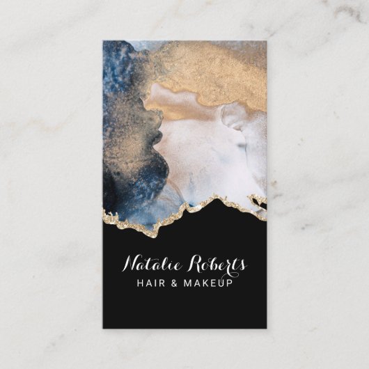 美容師モダンネイビー&金ゴールドウォーターカラーサロン 名刺 (正面)