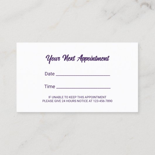 美容師モダンパープルグリッター美しいサロン 予約カード (裏面)