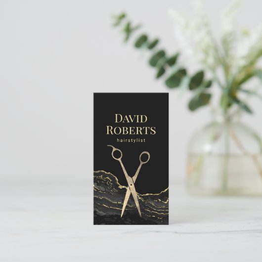 美容師モダンブラック金ゴールドマーブルヘアドレッサー 名刺 (スタンド正面)