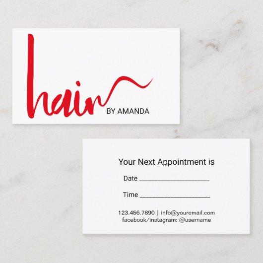 美容師モダンレッドスクリプトアポイントメント 予約カード (正面/裏面)
