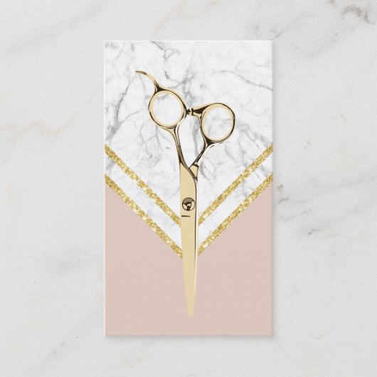 美容師モダン金ゴールドシザーマーブル赤面ピンク 名刺 (正面)