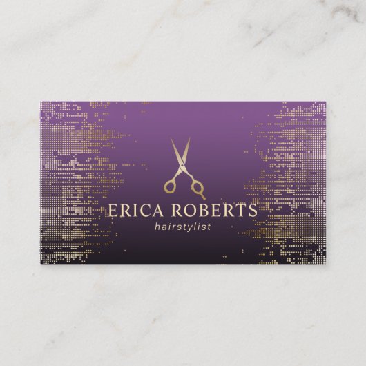 美容師モダン金ゴールドシークインパープルサロン 名刺 (正面)