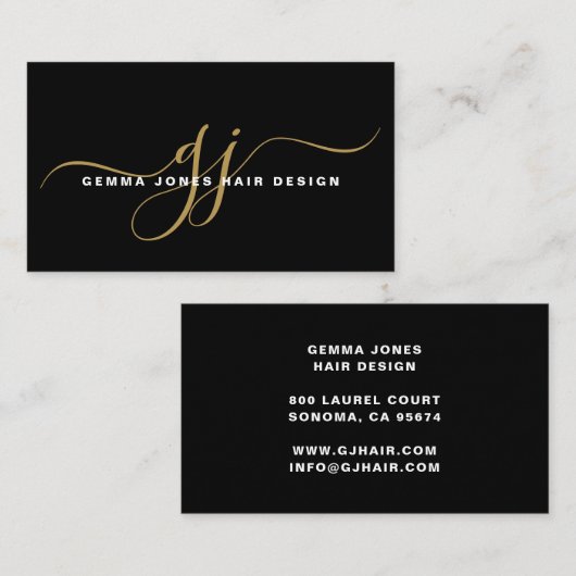 美容師モダン金ゴールドスクリプトモノグラムブラック 名刺 (正面/裏面)
