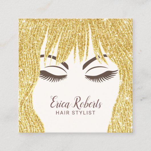 美容師モダン金ゴールドヘアガール美しいサロン スクエア名刺 (正面)