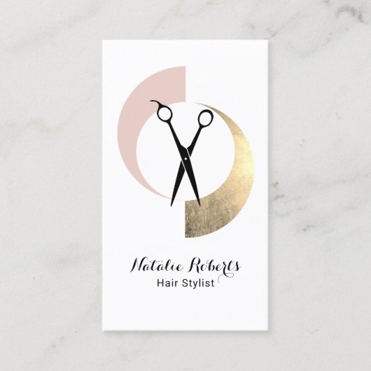 美容師モダン金ゴールド赤面ピンクシザーサロン 名刺 (正面)