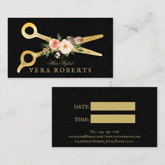美容師ラグジュアリー金ゴールドシザーズダマスク 予約カード (正面/裏面)