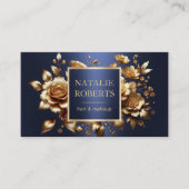 美容師ラグジュアリー金ゴールド3Dフローラネイビーブルーサロン 名刺 (正面)