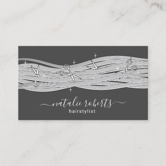 美容師ロングヘア&シザーダークグレーサロン 名刺 (正面)