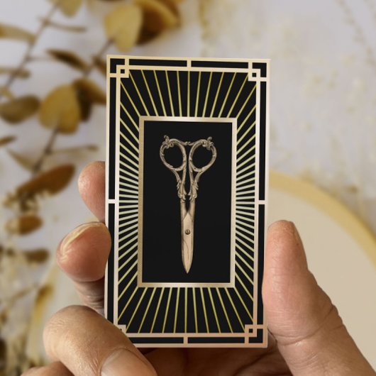 美容師ヴィンテージアールデコ金ゴールドシザークラス 名刺