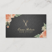 美容師ヴィンテージエレガントフローラブラック&金ゴールド 名刺 (正面)
