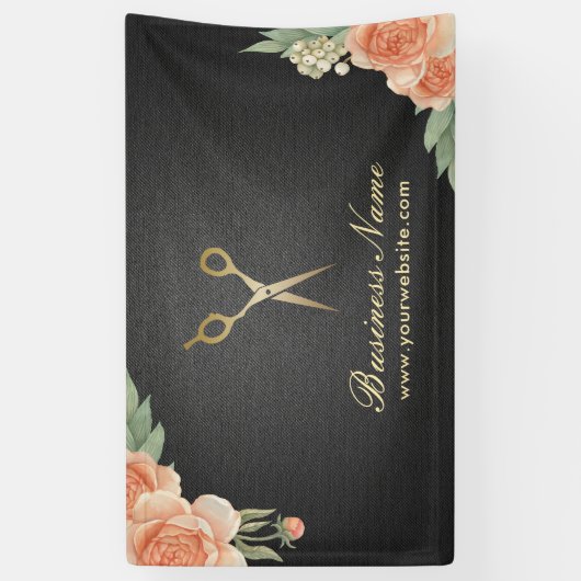 美容師ヴィンテージエレガントフローラブラック&金ゴールド 横断幕 (縦)