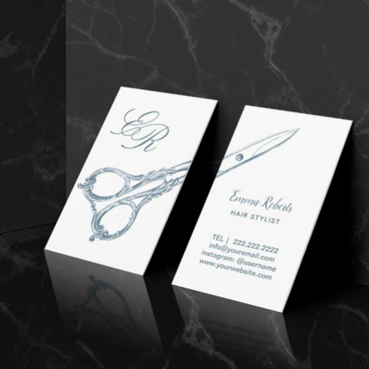 美容師ヴィンテージシザーとイニシャル エレガント 名刺