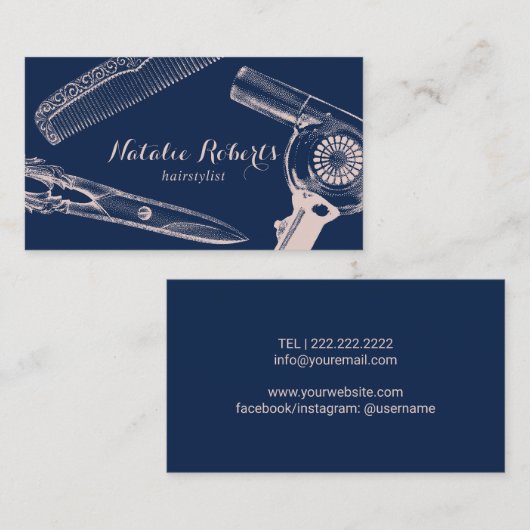 美容師ヴィンテージシザーコームヘアドライヤー海軍 名刺 (正面/裏面)