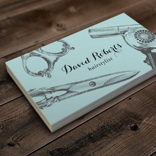 美容師ヴィンテージシザー&ヘアドライヤーティール（緑がかった色） 名刺
