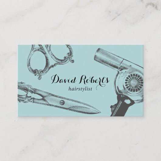 美容師ヴィンテージシザー&ヘアドライヤーティール（緑がかった色） 名刺 (正面)