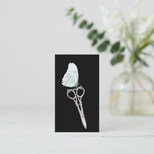 美容師ヴィンテージシザー&ホワイトバタフライ 名刺 (スタンド正面)