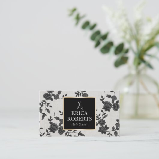 美容師ヴィンテージブラックフローラエレガントサロン 名刺 (スタンド正面)