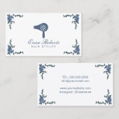 美容師ヴィンテージブルーフローラ吹ドライヤサロン 名刺 (正面/裏面)