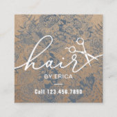 美容師ヴィンテージブルーフローラ素朴クラフト スクエア名刺 (正面)