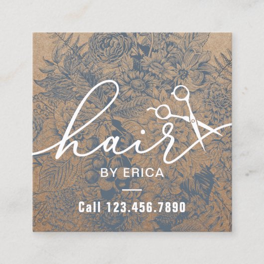 美容師ヴィンテージブルーフローラ素朴クラフト スクエア名刺 (正面)