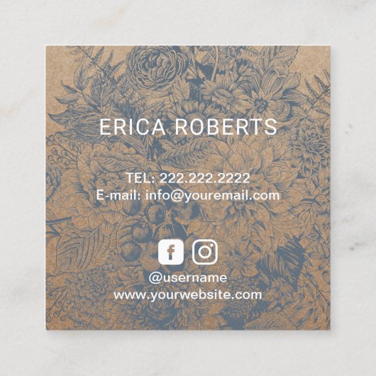 美容師ヴィンテージブルーフローラ素朴クラフト スクエア名刺 (裏面)