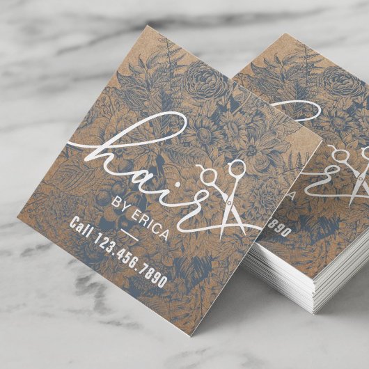 美容師ヴィンテージブルーフローラ素朴クラフト スクエア名刺