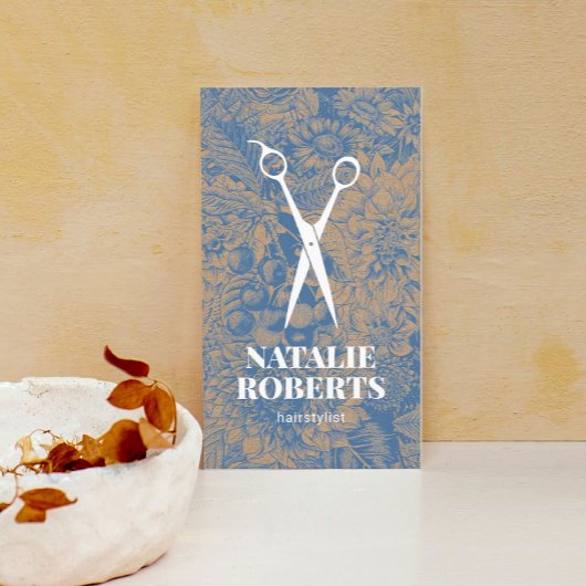 美容師ヴィンテージブルーフローラ素朴クラフト 名刺