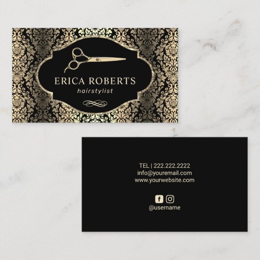 美容師ヴィンテージ金ゴールドダマスク美しいサロン 名刺 (正面/裏面)