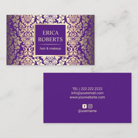 美容師化粧アーティストパープル&金ゴールドダマスク 名刺 (正面/裏面)