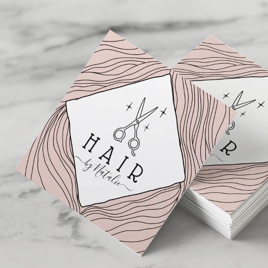 美容師手書きはさみロゴ赤面ピンク スクエア名刺