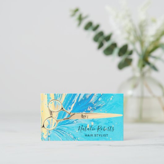 美容師抽象芸術ターコイズ金ゴールドシザーサロン 名刺 (スタンド正面)