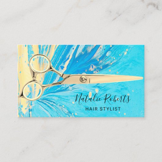 美容師抽象芸術ターコイズ金ゴールドシザーサロン 名刺 (正面)