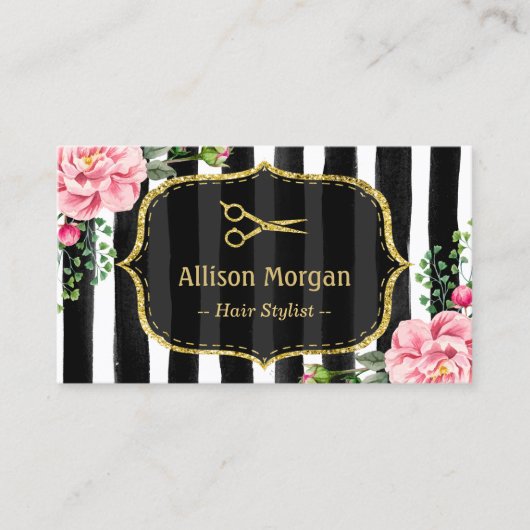 美容師素晴らしフローラ金ゴールドグリッターストライプ 名刺 (正面)