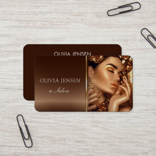美容師美しいガールフォトブラウン&金ゴールドサロン 名刺 (正面/裏面インサイチュ)