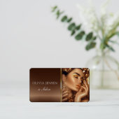 美容師美しいガールフォトブラウン&金ゴールドサロン 名刺 (スタンド正面)