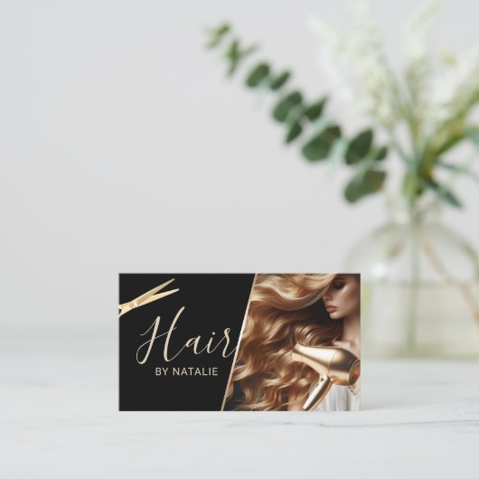美容師美しいガールフォトブラック&金ゴールドサロン 名刺 (スタンド正面)