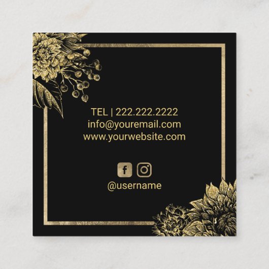 美容師美しいサロンブラック&金ゴールドボタニカル スクエア名刺 (裏面)