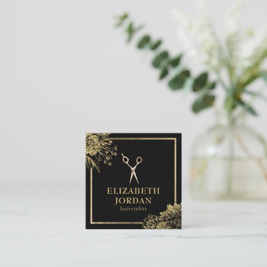 美容師美しいサロンブラック&金ゴールドボタニカル スクエア名刺 (スタンド正面)