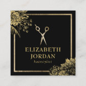 美容師美しいサロンブラック&金ゴールドボタニカル スクエア名刺 (正面)