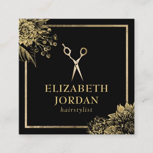 美容師美しいサロンブラック&金ゴールドボタニカル スクエア名刺 (正面)