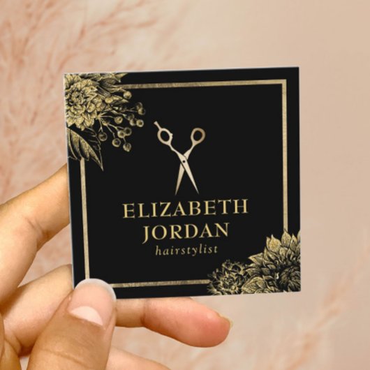 美容師美しいサロンブラック&金ゴールドボタニカル スクエア名刺