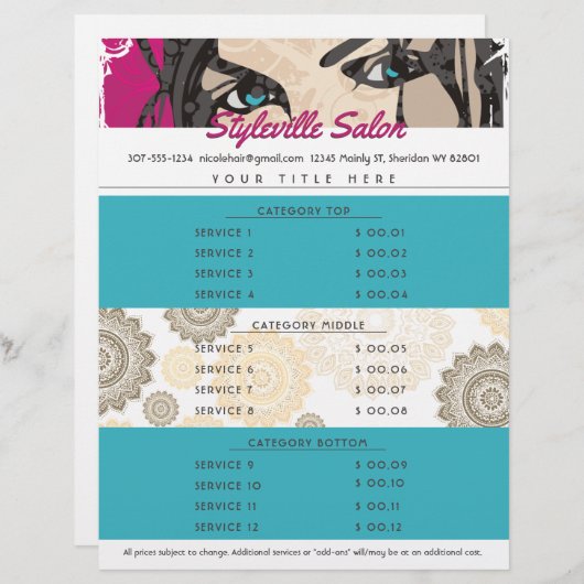 美容師美しいサロン化粧アーティスト価格表 レターヘッド (正面/裏面)