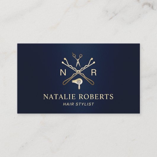 美容師美しいロゴネイビーブルー&金ゴールドサロン 名刺 (正面)