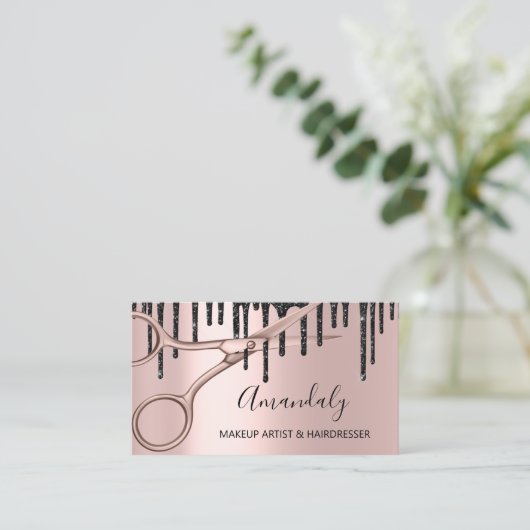 美容師美容師バラはさみドリップスブラック 名刺 (スタンド正面)