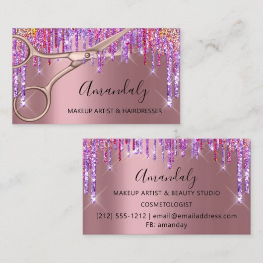 美容師美容師バラ紫はさみドリップ 名刺 (正面/裏面)