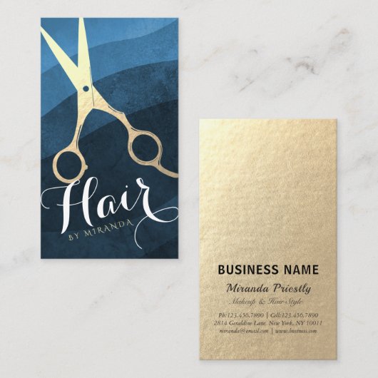 美容師美容師美しいブルー金ゴールド鋏 名刺 (正面/裏面)