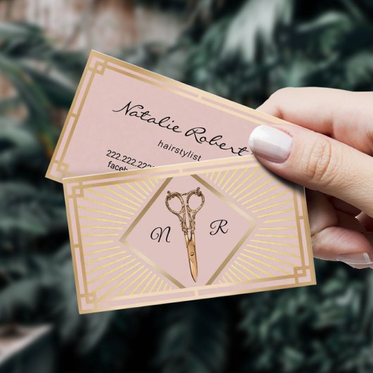 美容師赤面ピンク金ゴールドアールデコ美しいサロン 名刺