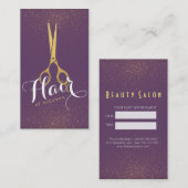 美容師金ゴールドはさみ紫と金ゴールドグリッター 予約カード (正面/裏面)