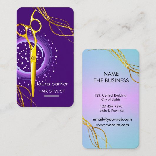 美容師金ゴールドはさみ紫サロンスパ 名刺 (正面/裏面)