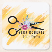 美容師金ゴールドシザーおよび美しいサロンフローラ スクエアペーパーコースター (正面)